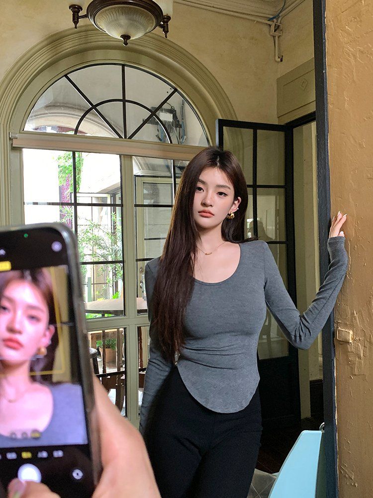 봄 가을 슬림핏 라운드넥 모달 스판 긴팔 언발란스 티셔츠 블랙 화이트 핑크 그레이 - 상세 이미지 5