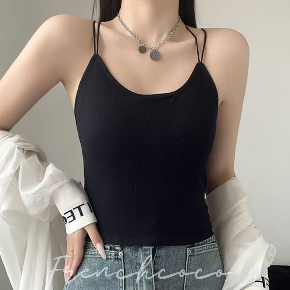 프렌치코코 백리스 스트랩 크롭 캡나시 끈나시 레이어드 민소매 노와이어 워터밤 - 메인 이미지