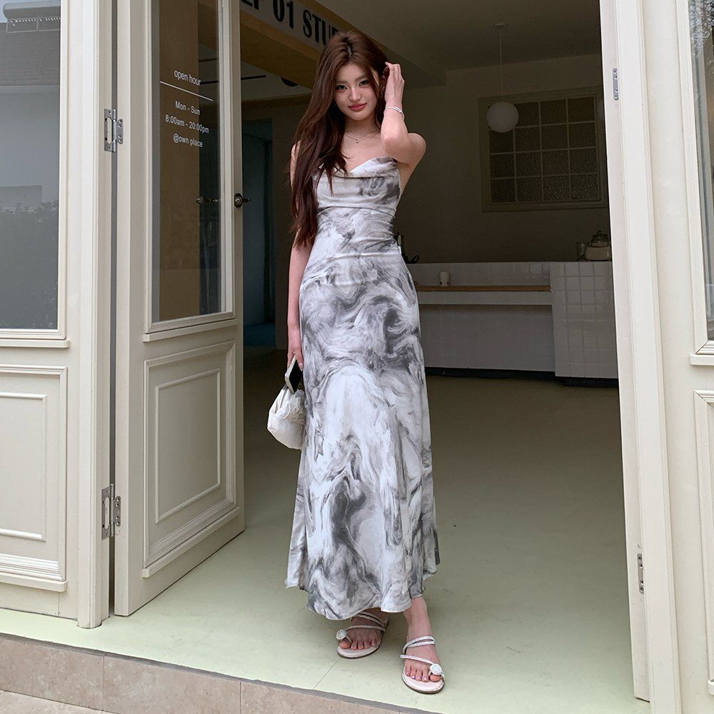 봄 여름 마블 프린트 백리스 엑스자 끈 슬리브리스 롱 원피스 맥시 드레스 그레이 - 상세 이미지 4
