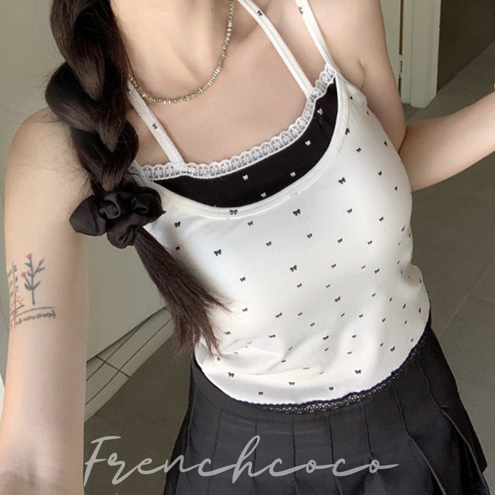 프렌치코코 리본 홀터넥 캡나시 레이스 레이어드 크롭 브라탑 브라렛 노와이어 끈나시 - 메인 이미지