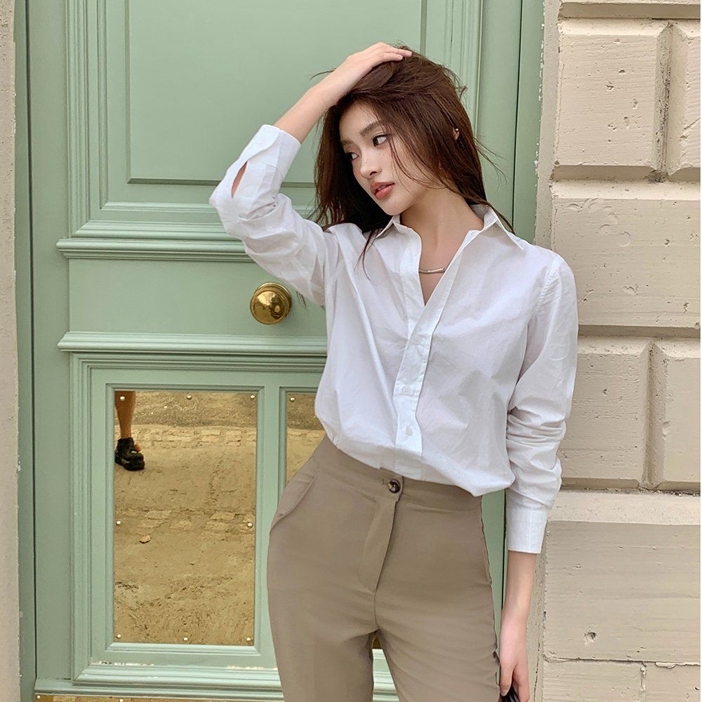 봄 가을 데일리 베이직 코튼 100 루즈핏 언발란스 카라 긴팔 셔츠 블라우스 화이트 - 상품 이미지