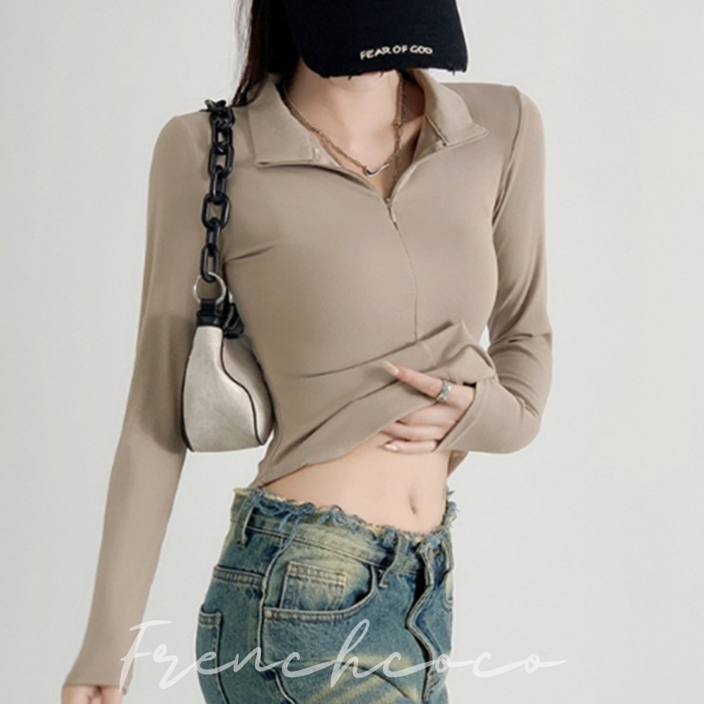 프렌치코코 스포티 크롭 지퍼 여성 티셔츠 딱붙는 저지원단 긴팔티 - 메인 이미지