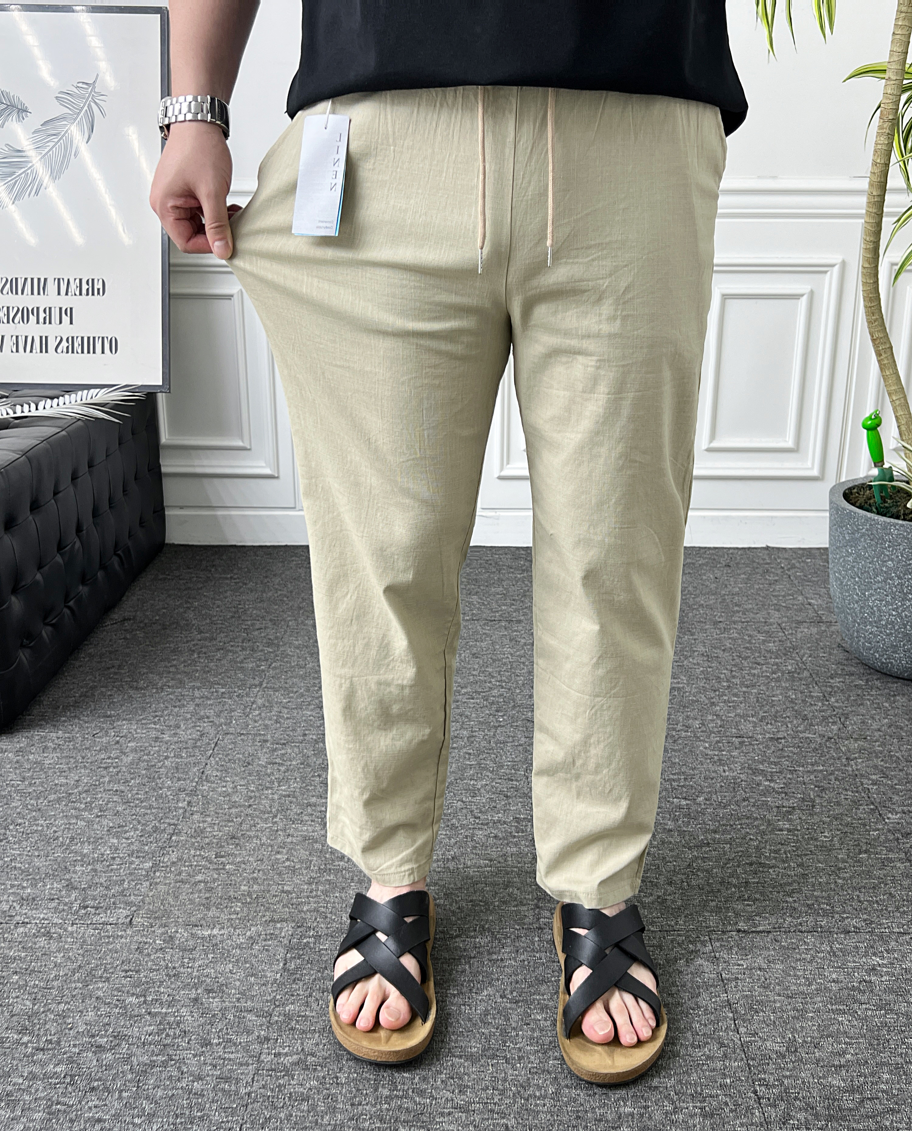 남자 린넨팬츠 밴딩 스판 테이퍼드핏 마 여름바지 - 상세 이미지 5