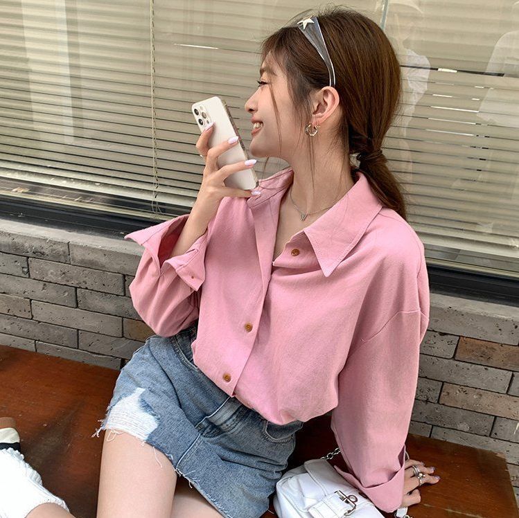 봄 가을 여자 데일리 오버핏 루즈핏 드롭숄더 베이직 코튼 긴팔 셔츠 핑크 - 상품 이미지