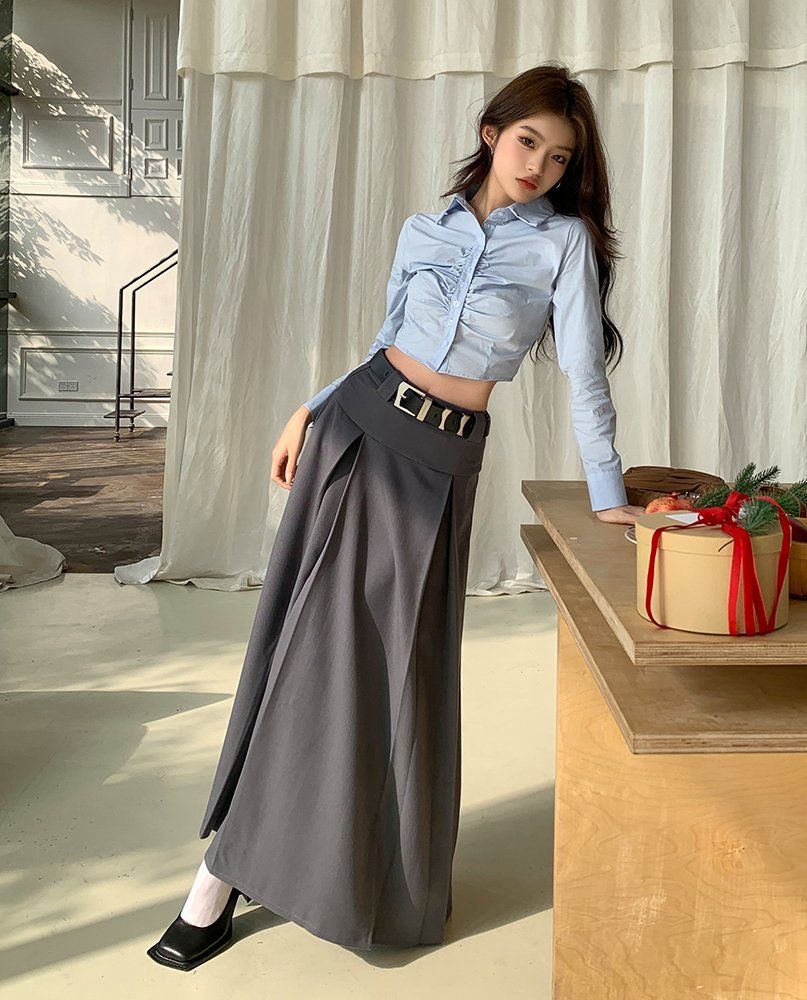 봄 가을 심플 베이직 하이웨스트 플리츠 A라인 롱 스커트 오피스룩 차콜 - 상세 이미지 2