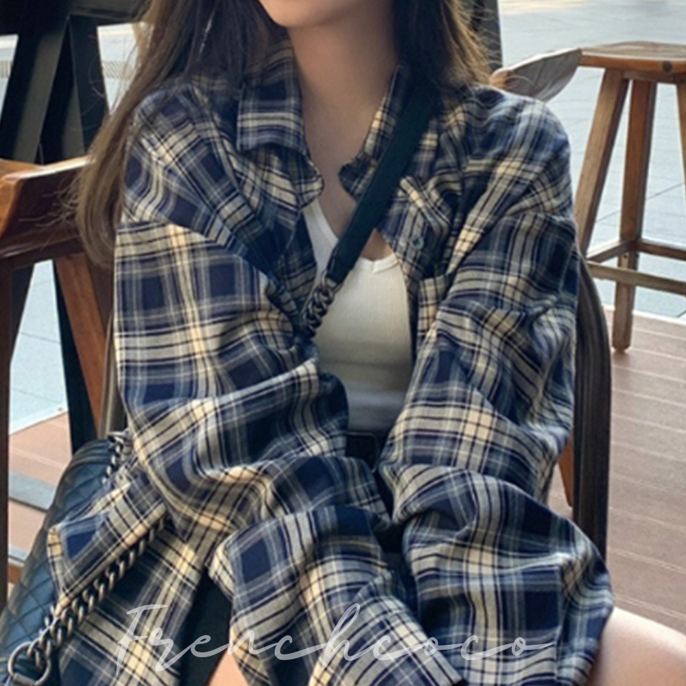 프렌치코코 체크 루즈핏 셔츠 봄 가을 간절기 긴팔 커플남방 - 상품 이미지