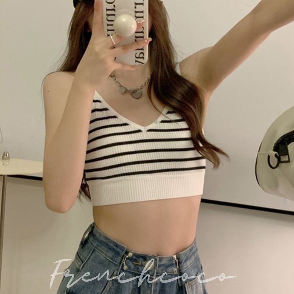 프렌치코코 두줄 스트라이프 브라렛 브라탑 이너웨어 노와이어 일체형 속옷 캡나시 골지 - 메인 이미지