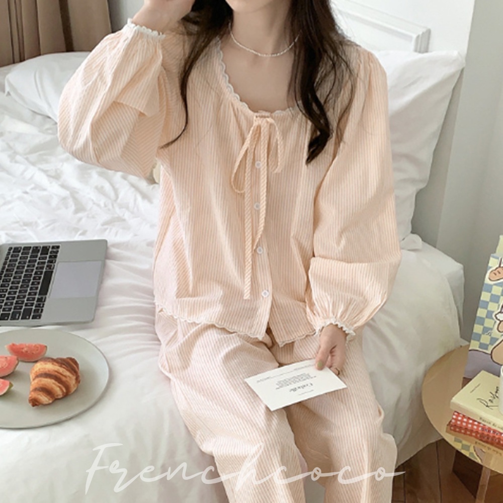 프렌치코코 스트라이프 파자마 상하세트 파스텔 리본 레이스 라운드 밴딩 사계절 면 홈웨어 잠옷 - 메인 이미지