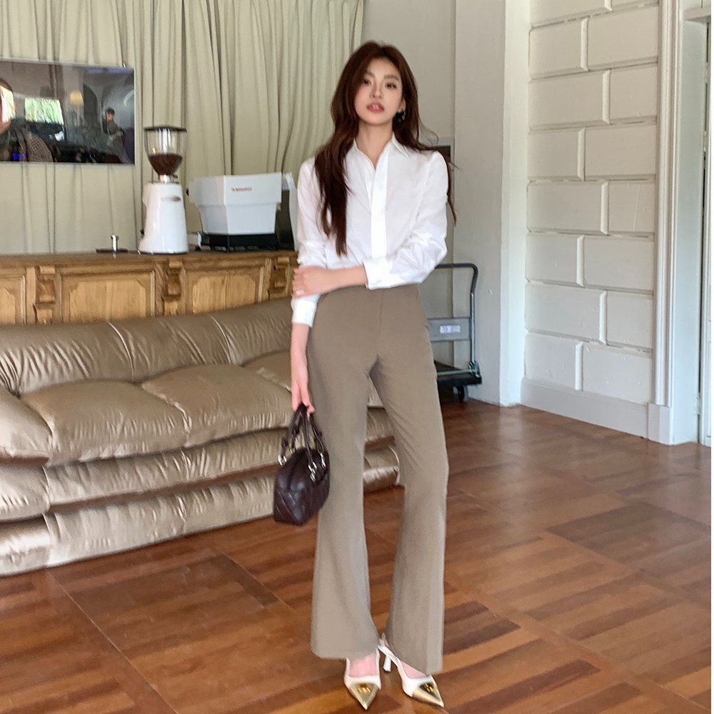봄 가을 데일리 베이직 코튼 100 루즈핏 언발란스 카라 긴팔 셔츠 블라우스 화이트 - 상세 이미지 4