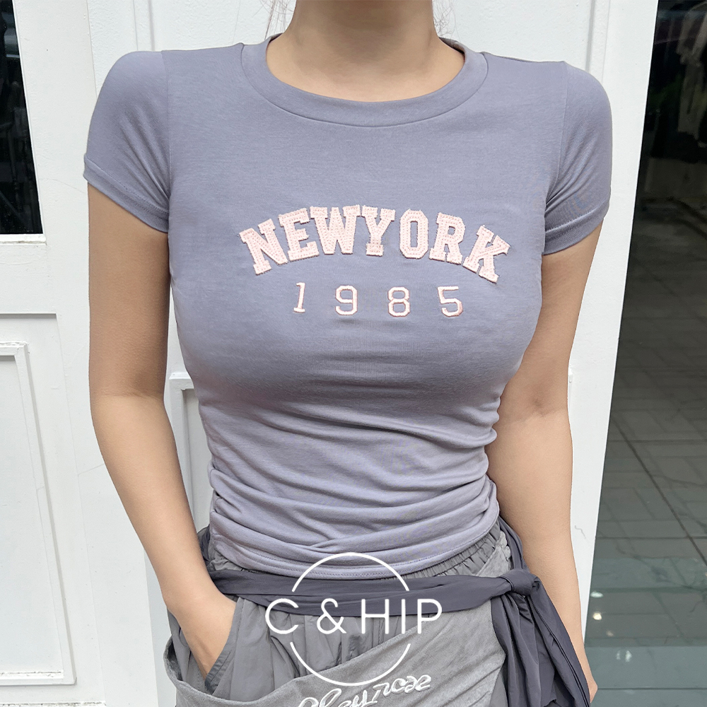 뉴욕 자수 슬림 글램핏 반소매 반팔 티셔츠 3color - 상품 이미지