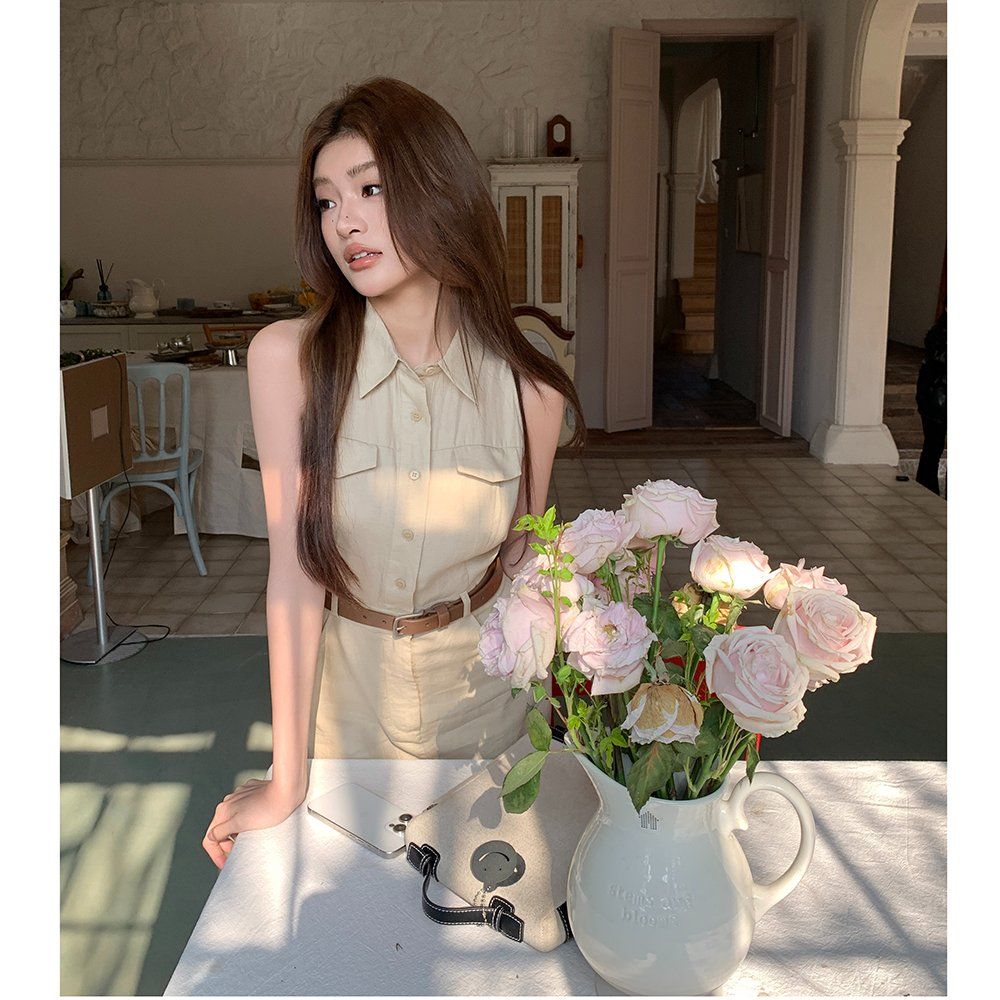 봄 여름 민소매 카라 코튼 셔츠형 벨트세트 H라인 롱 원피스 아이보리