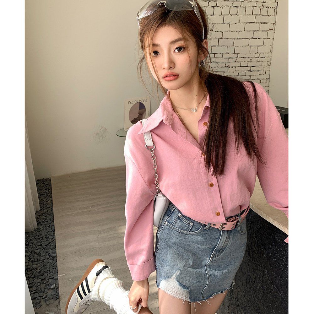 봄 가을 여자 데일리 오버핏 루즈핏 드롭숄더 베이직 코튼 긴팔 셔츠 핑크 - 상세 이미지 4