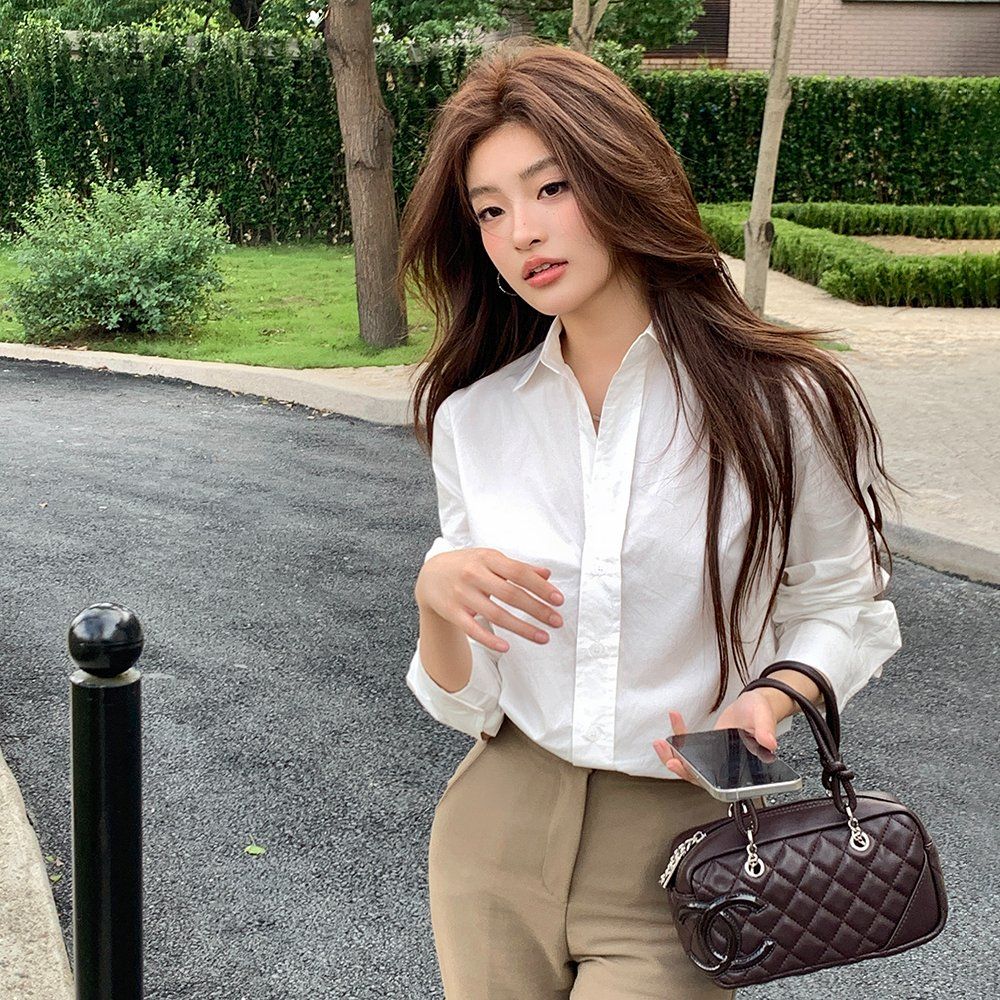 봄 가을 데일리 베이직 코튼 100 루즈핏 언발란스 카라 긴팔 셔츠 블라우스 화이트 - 상세 이미지 2
