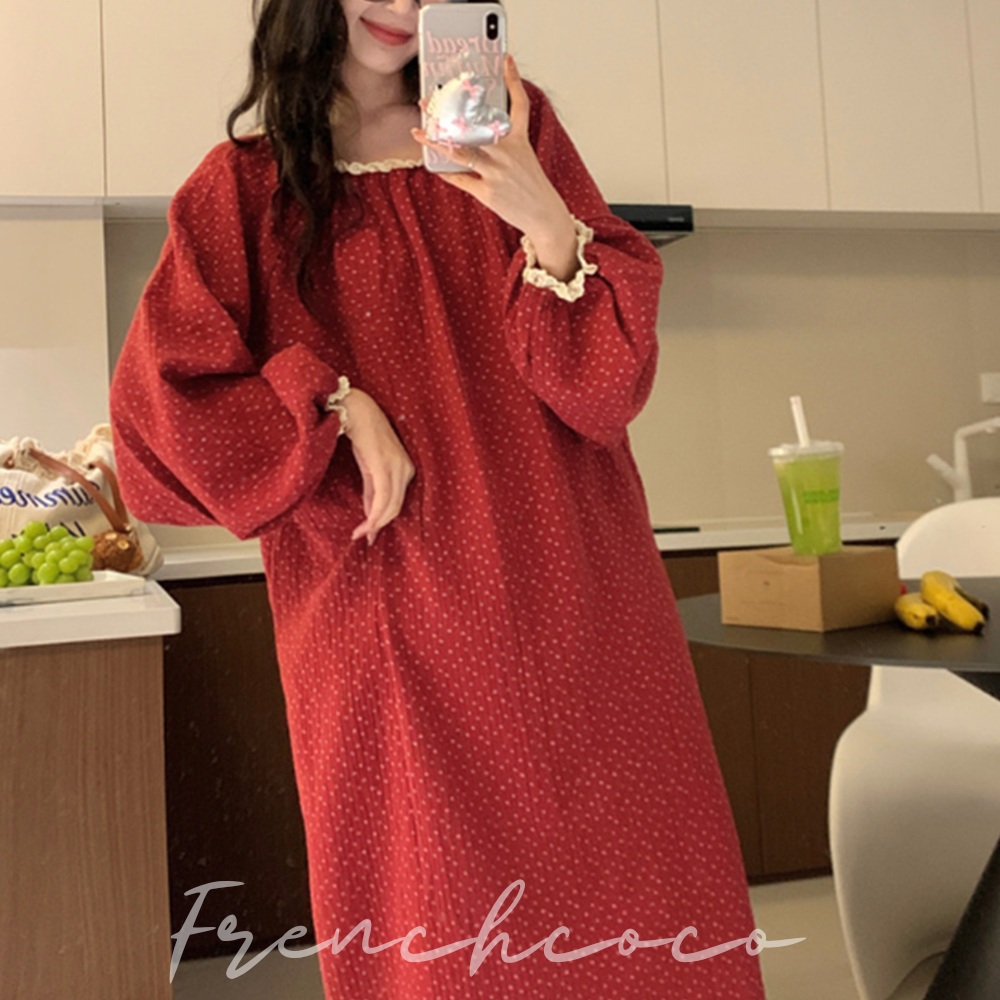 프렌치코코 빨간색 잠옷 잔꽃 파자마 상하세트 원피스 프릴 라운드 긴팔 레이스 플라워 홈웨어 - 상품 이미지
