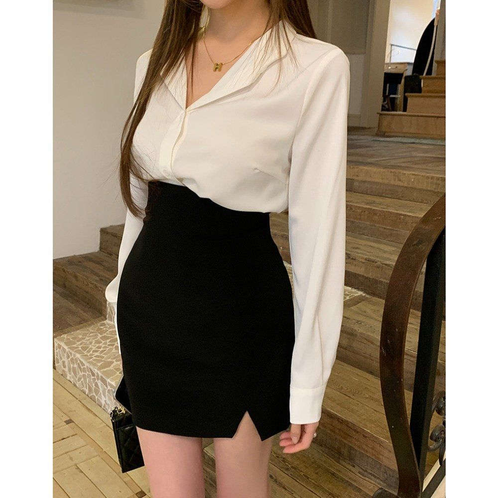 봄 가을 오피스룩 브이넥 오픈카라 스판 긴팔 셔츠 블라우스 기본 베이직 화이트 - 상세 이미지 4