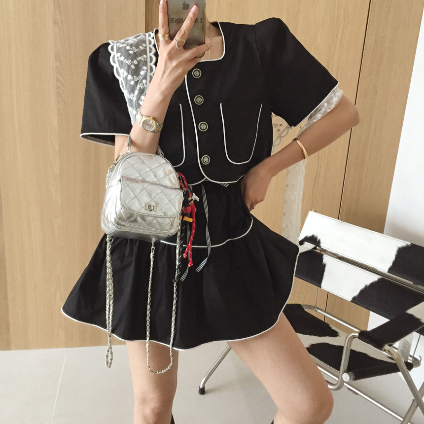 반디 스퀘어넥 배색 라인띠 어깨패드 퍼프 크롭 반팔자켓 플레어 밴딩 A라인 미니스커트 여름 투피스세트 (3color) 상세 이미지 3