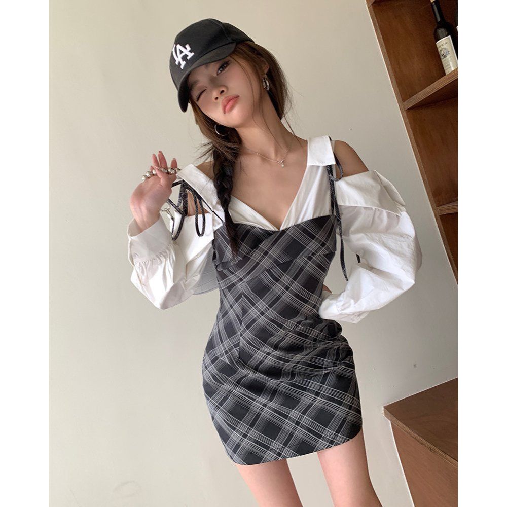 봄 여름 체크 뷔스티에 레이어드 오프숄더 셔츠 미니 원피스 블랙 그리드 - 상품 이미지