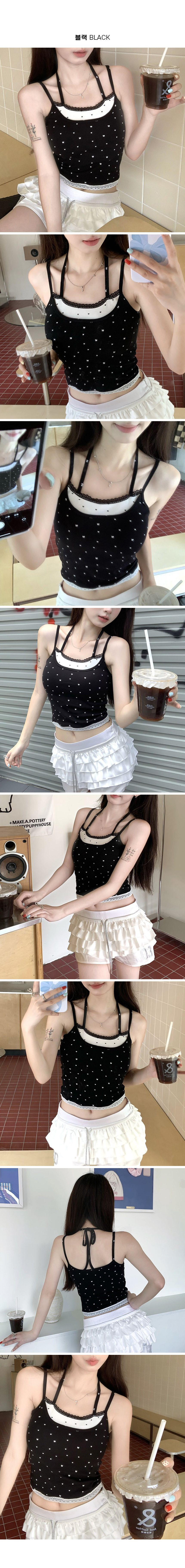 프렌치코코 리본 홀터넥 캡나시 레이스 레이어드 크롭 브라탑 브라렛 노와이어 끈나시 - 상세 이미지 3
