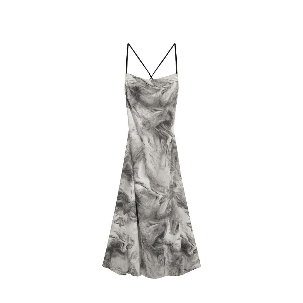 봄 여름 마블 프린트 백리스 엑스자 끈 슬리브리스 롱 원피스 맥시 드레스 그레이 - 상세 이미지 5