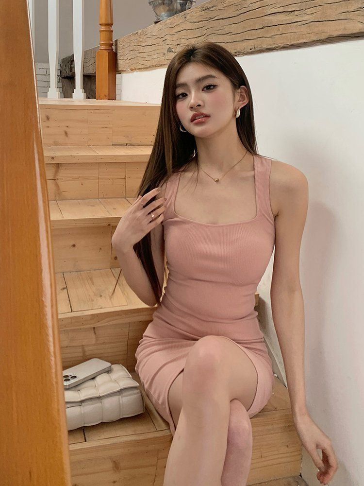 봄 여름 슬림핏 섹시 캐주얼 골지 스퀘어넥 나시 민소매 미니 원피스 핑크 - 상세 이미지 2