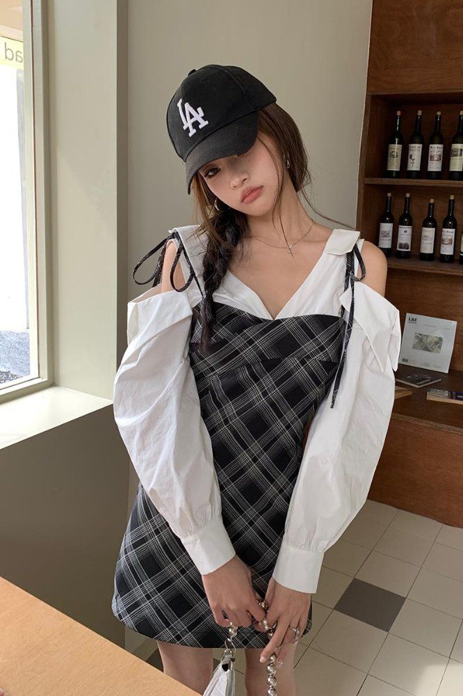 봄 여름 체크 뷔스티에 레이어드 오프숄더 셔츠 미니 원피스 블랙 그리드 - 상세 이미지 5