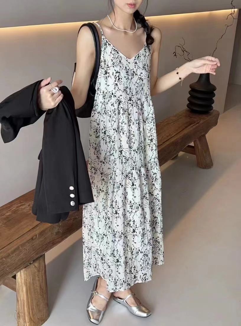 플라워 쉬폰 끈나시 브이넥 롱 원피스 화이트 FREE - 상세 이미지 2