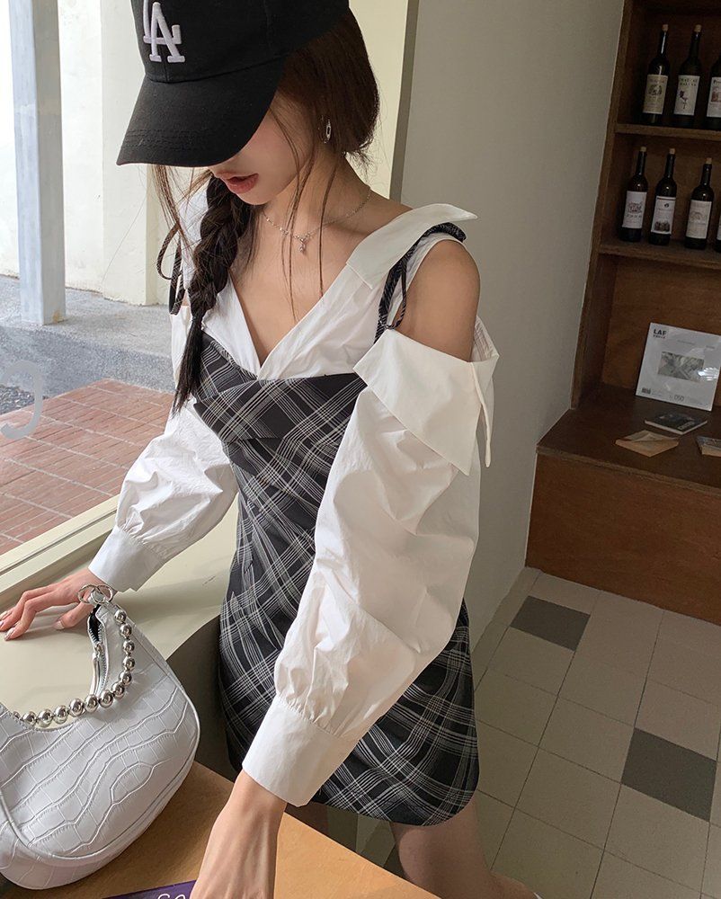 봄 여름 체크 뷔스티에 레이어드 오프숄더 셔츠 미니 원피스 블랙 그리드 - 상세 이미지 4