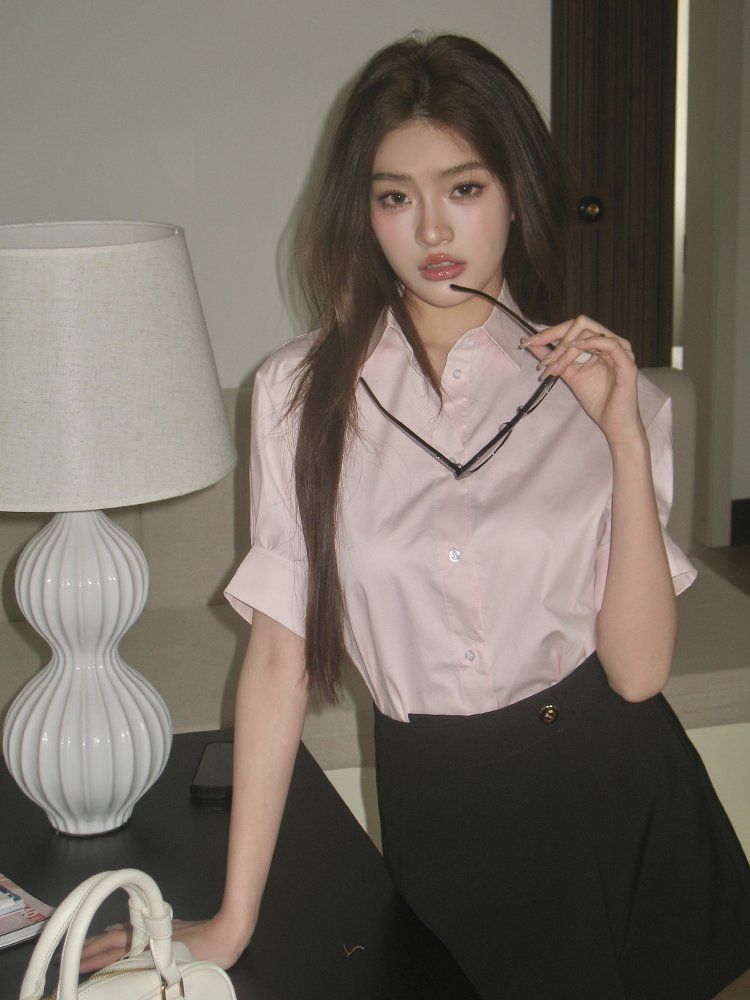 봄 여름 베이직 카라 반팔 코튼 셔츠 블라우스 루즈핏 핑크 화이트 - 상세 이미지 3