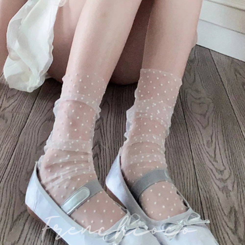 프렌치코코 도트 시스루 양말 중목 장목 패턴 유니크 하이틴 키치 발레코어 패션 땡땡이 망사 - 메인 이미지