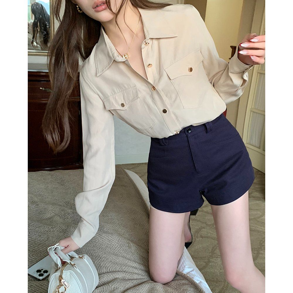봄 가을 데일리 코튼 레이온 투포켓 카라 긴팔 셔츠 아이보리 - 상세 이미지 3