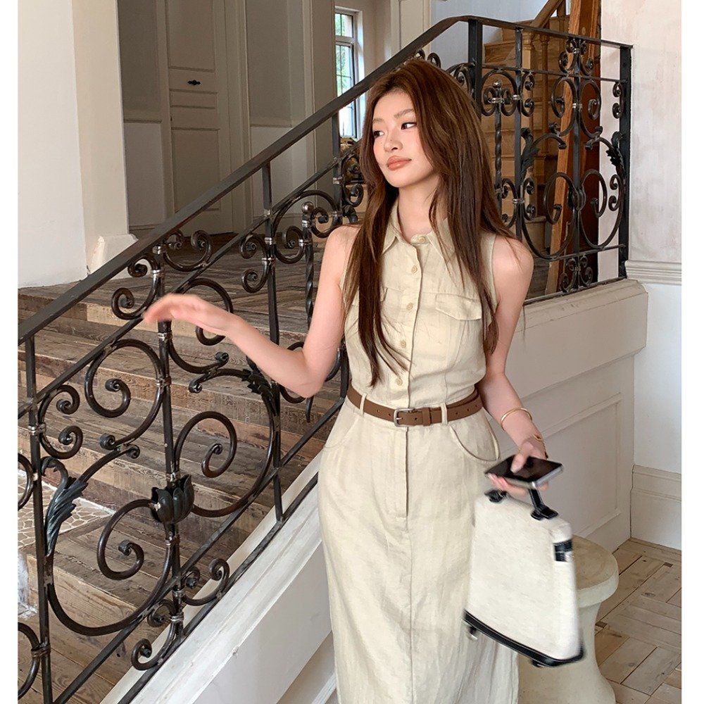 봄 여름 민소매 카라 코튼 셔츠형 벨트세트 H라인 롱 원피스 아이보리