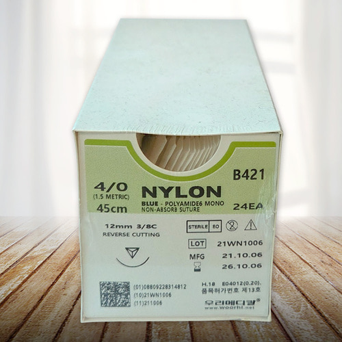 유효기간 임박★특별가 우리메디칼 비흡수성 봉합사 블루 나일론 Nylon B421 (3/8C) 12mm 45cm blue 24개입 : 오케이메디칼