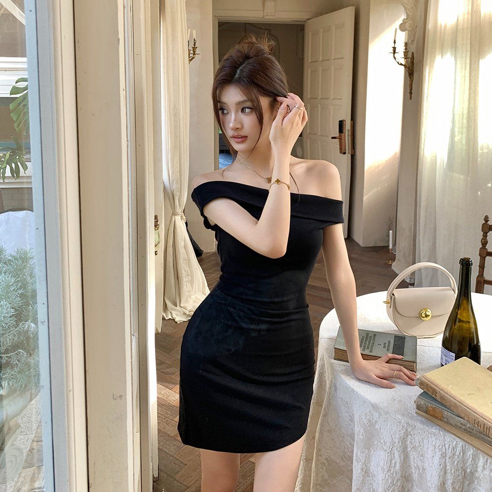 봄 여름 오프숄더 셔링 언발란스 코튼 모달 스판 슬림 미니 원피스 블랙 카키 - 상품 이미지