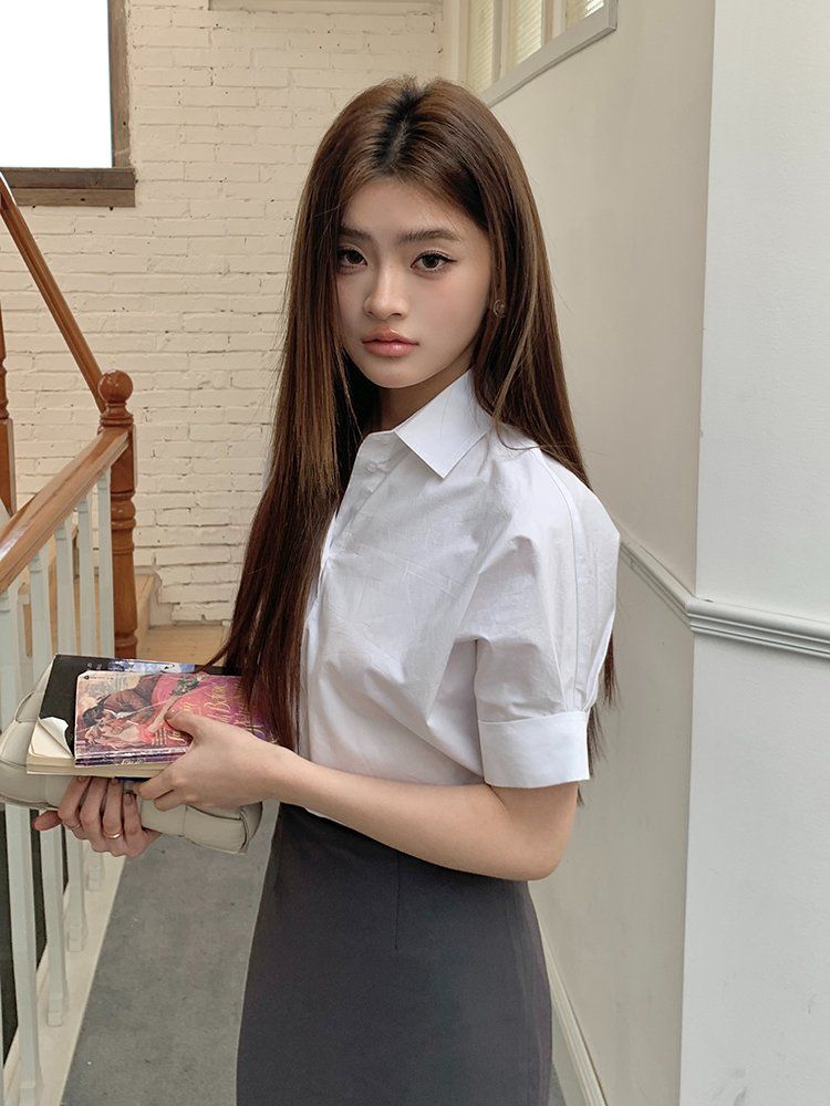 봄 여름 베이직 카라 반팔 코튼 셔츠 블라우스 루즈핏 핑크 화이트 - 상세 이미지 2