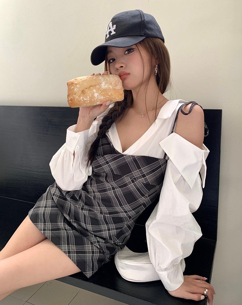 봄 여름 체크 뷔스티에 레이어드 오프숄더 셔츠 미니 원피스 블랙 그리드 - 상세 이미지 3