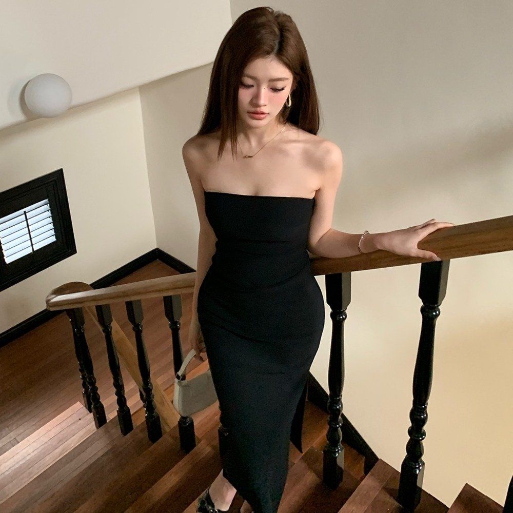봄 여름 섹시 슬림핏 튜브탑 백리스 셔링 슬릿 미디 롱 원피스 블랙 - 상세 이미지 2
