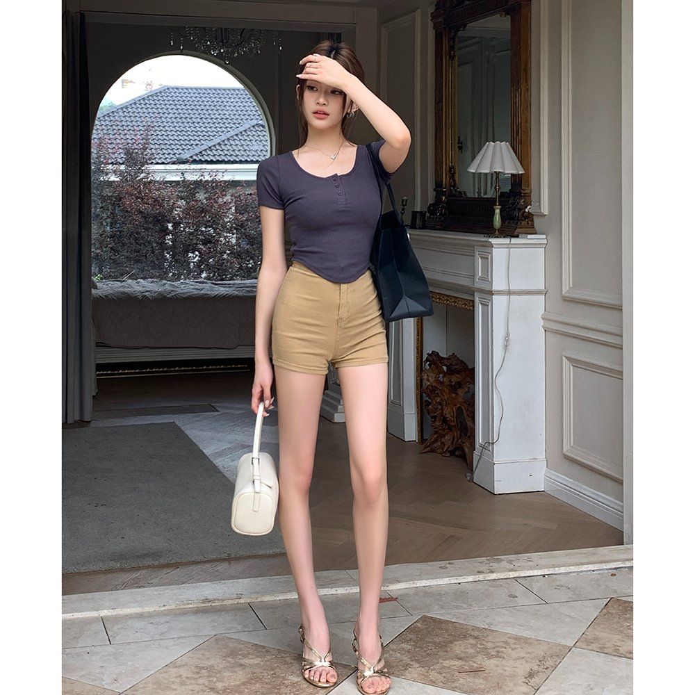 봄 가을 슬림핏 면 레이온 스판 골지 헨리넥 반팔 크롭 티셔츠 베이직 차콜 - 상세 이미지 4