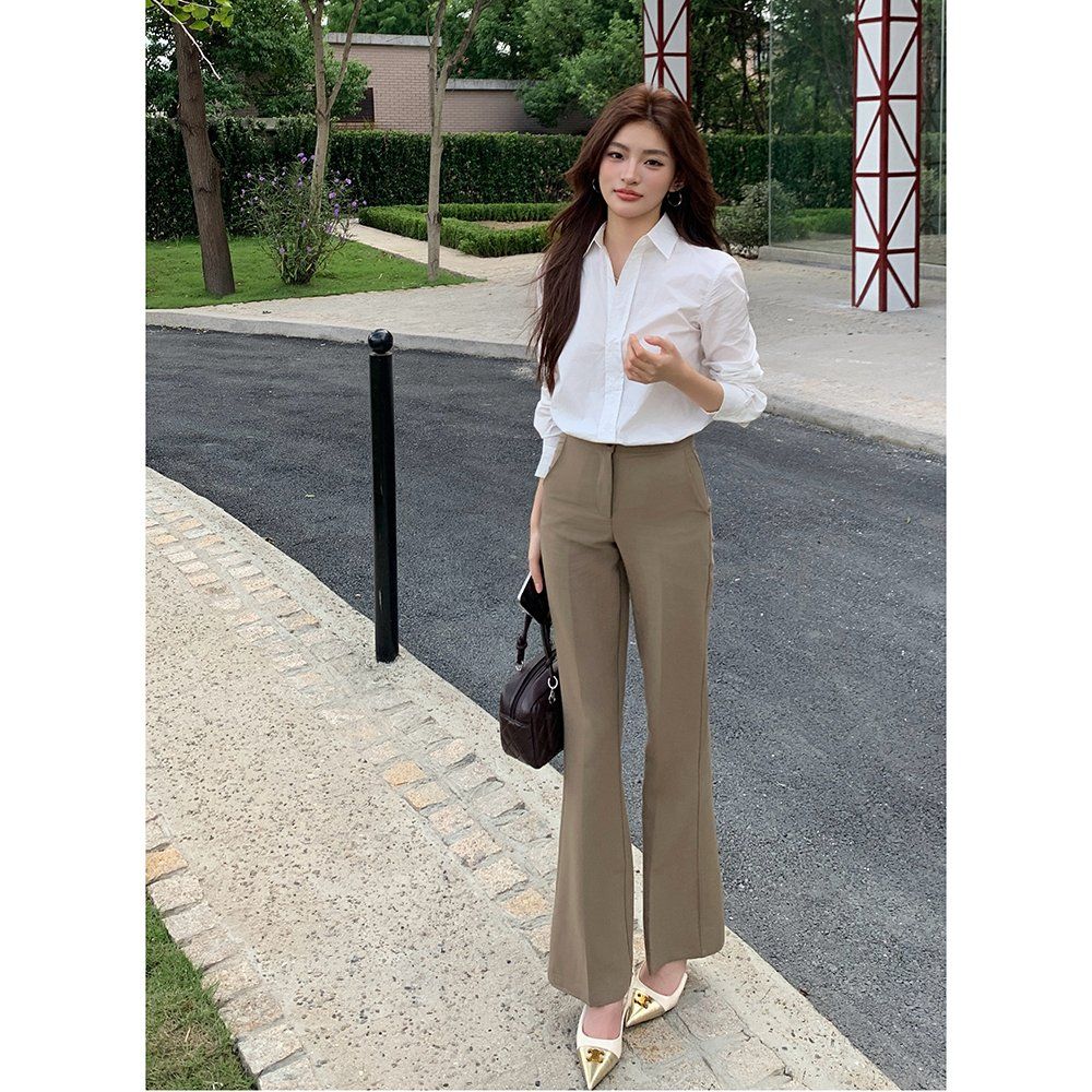 봄 가을 오피스룩 하이웨이스트 부츠컷 슬랙스 스판 롱 팬츠 블랙 아이보리 카키 - 상세 이미지 4