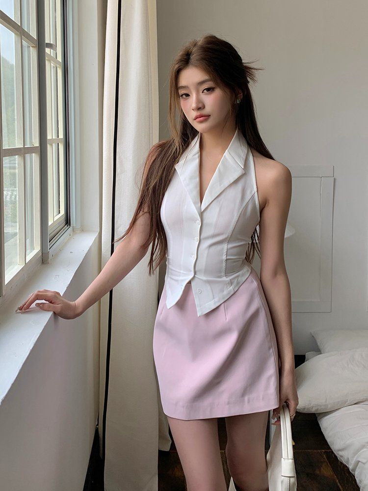 봄 여름 홀터넥 수트 카라 뒷밴딩 스판 민소매 버튼 베스트 탑 화이트 - 상세 이미지 4