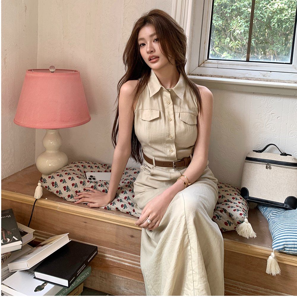 봄 여름 민소매 카라 코튼 셔츠형 벨트세트 H라인 롱 원피스 아이보리