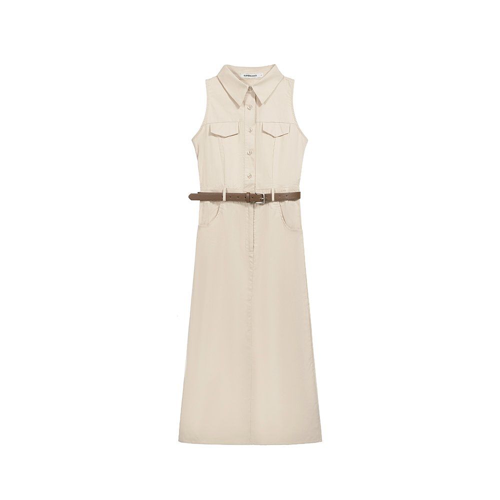 봄 여름 민소매 카라 코튼 셔츠형 벨트세트 H라인 롱 원피스 아이보리