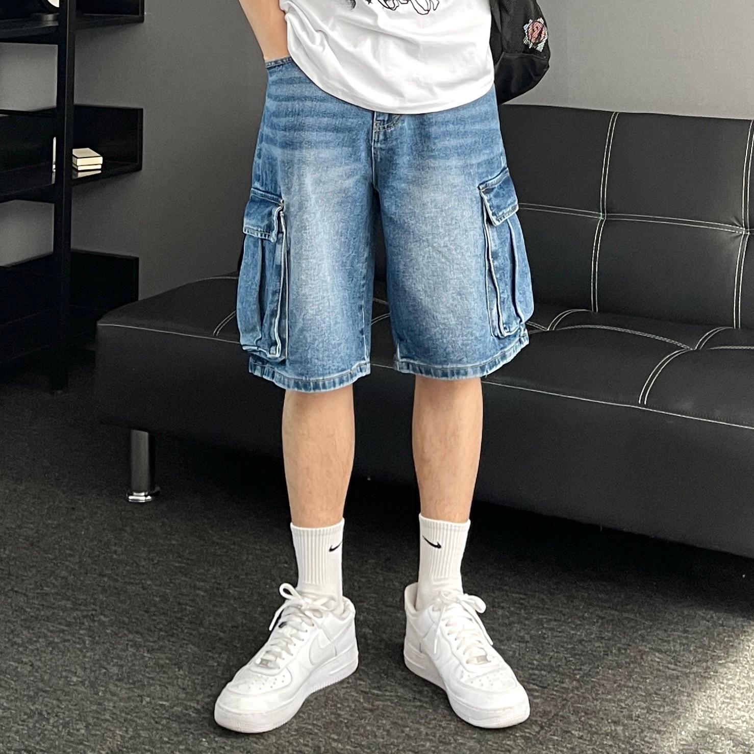 남자청반바지 카고청반바지 버뮤다데님팬츠 이미지 7