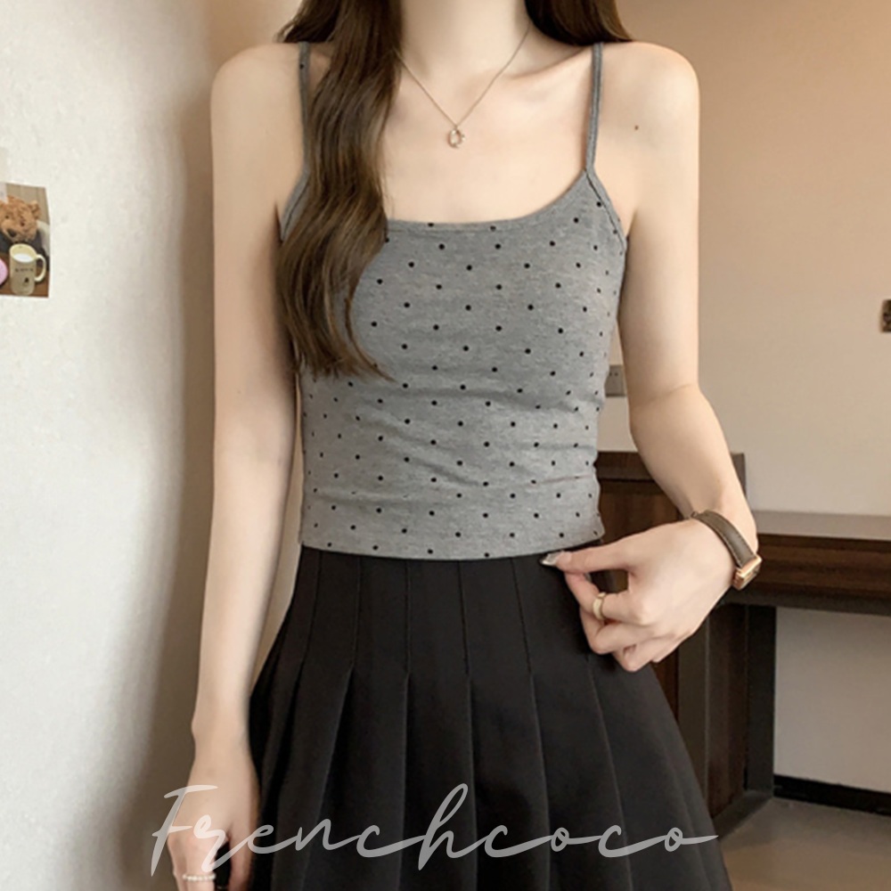 프렌치코코 도트 크롭 캡나시 브라탑 브라렛 레이어드 노와이어 이너 땡땡이 민소매 끈나시 여름 - 메인 이미지