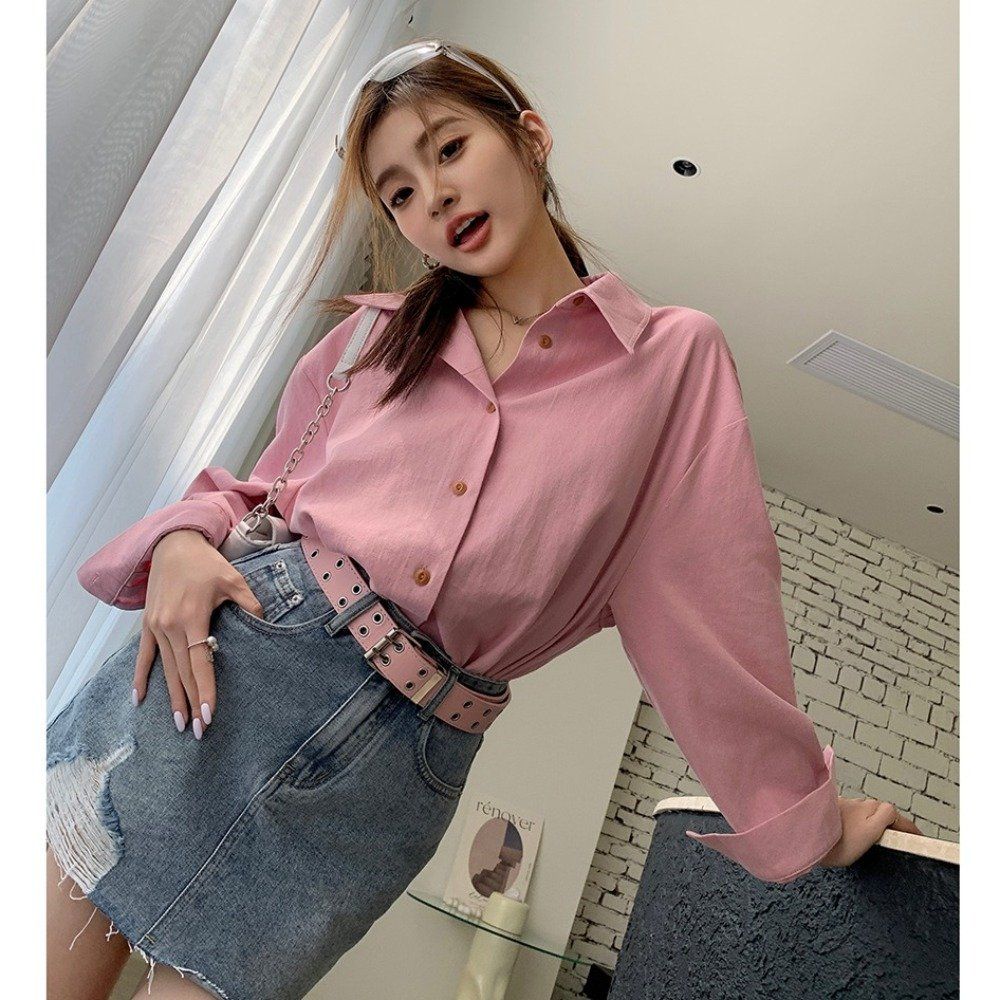 봄 가을 여자 데일리 오버핏 루즈핏 드롭숄더 베이직 코튼 긴팔 셔츠 핑크 - 상세 이미지 2