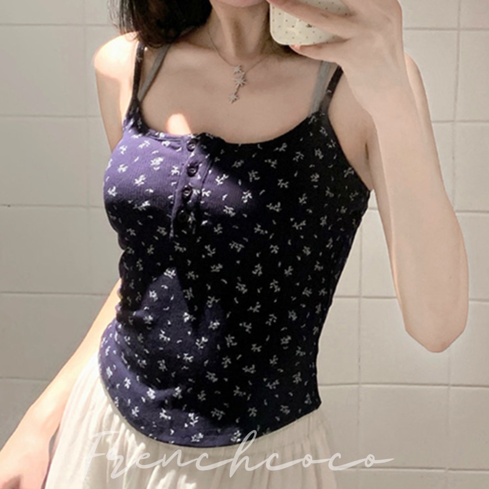 프렌치코코 플라워 홀터넥 캡나시 레이어드 브라탑 브라렛 크롭 노와이어 이너 끈나시 여름 - 메인 이미지