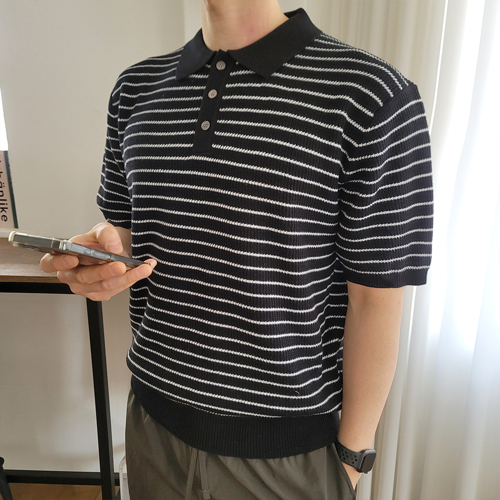 남자 남성 도톰한 스트라이프 와플 카라티 반팔 카라 니트 티셔츠 4컬러 D010 이미지 8