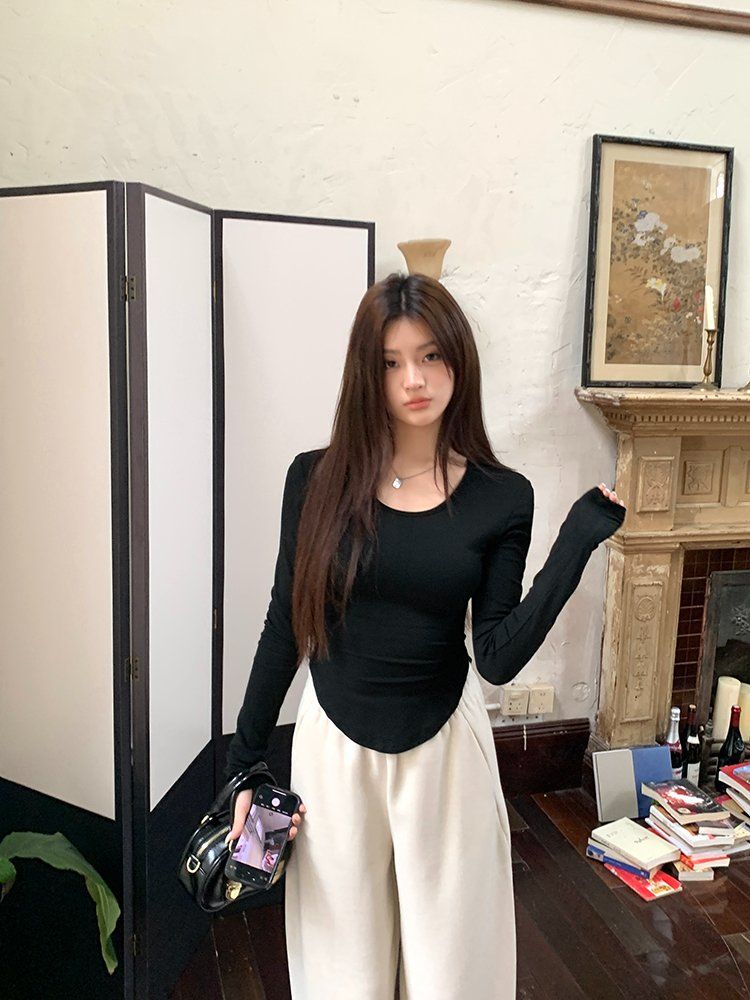 봄 가을 슬림핏 라운드넥 모달 스판 긴팔 언발란스 티셔츠 블랙 화이트 핑크 그레이 - 상세 이미지 3