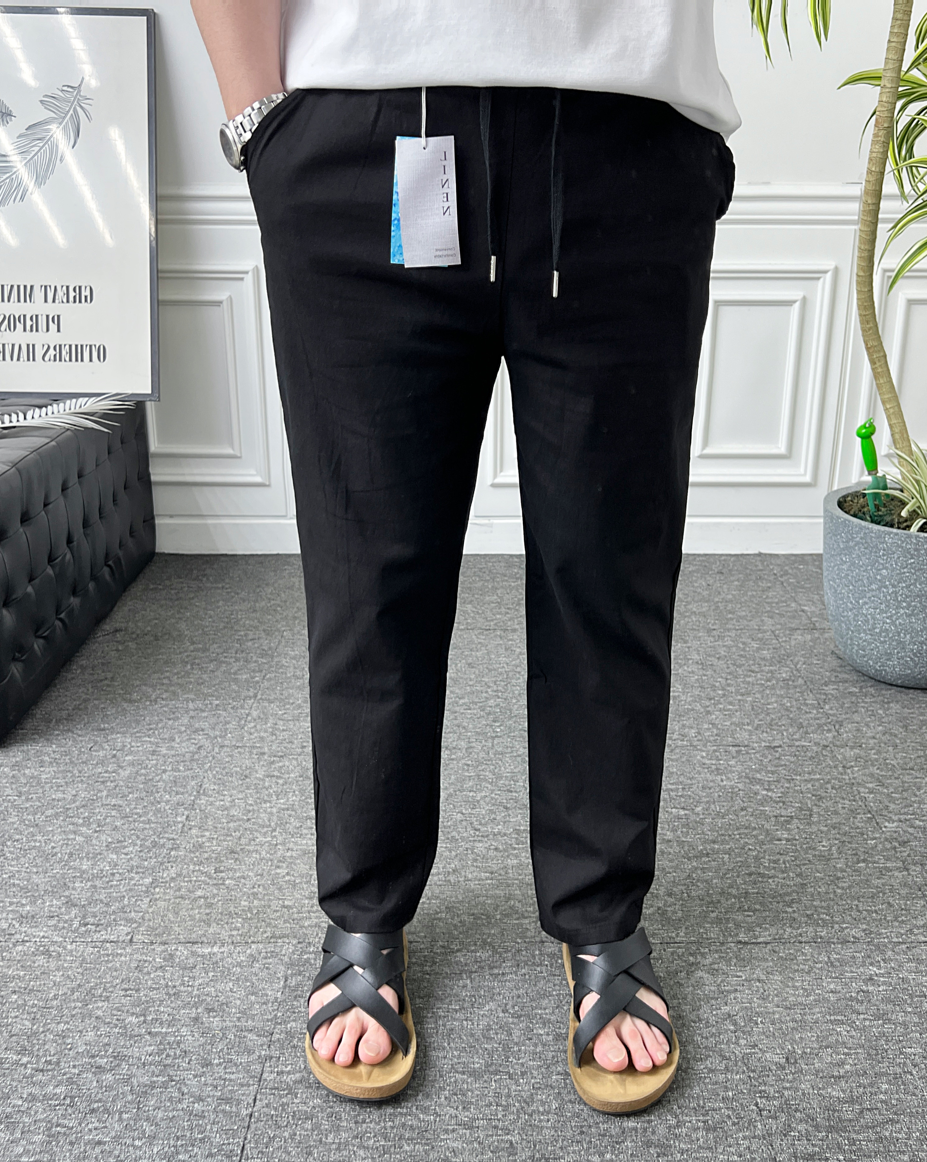 남자 린넨팬츠 밴딩 스판 테이퍼드핏 마 여름바지 - 상세 이미지 4