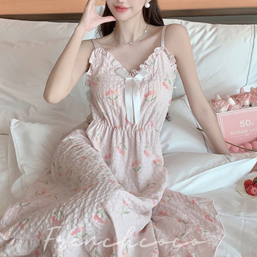 프렌치코코 프릴 나시 원피스 파자마 리본 잠옷 A라인 여름 홈웨어 롱치마 롱원피스 - 메인 이미지
