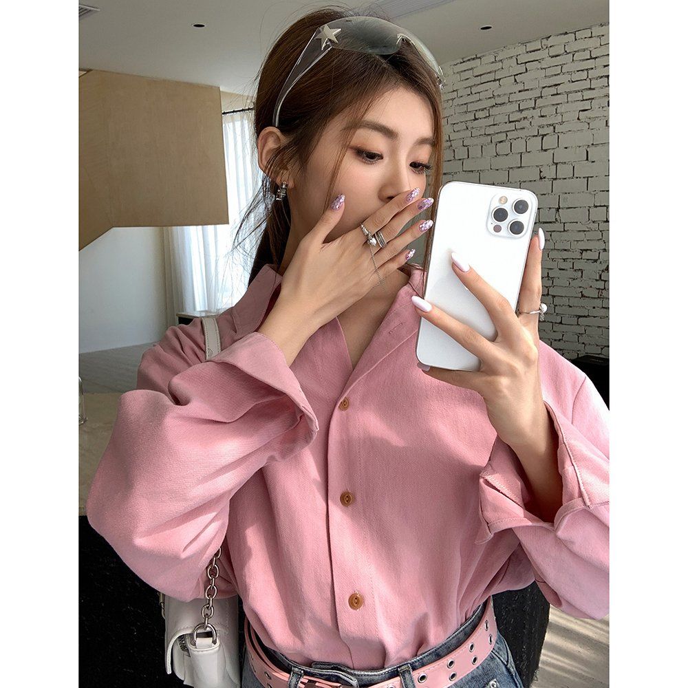 봄 가을 여자 데일리 오버핏 루즈핏 드롭숄더 베이직 코튼 긴팔 셔츠 핑크 - 상세 이미지 3
